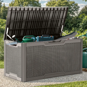 100-Gallon Large Outdoor Storage Box – Waterproof Resin Patio Deck Box with Lockable Lid