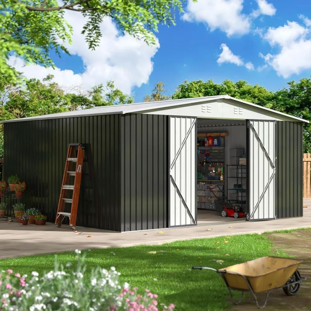 12x14 FT Metal Outdoor Storage Shed - Garden Shed with  Lockable Doors