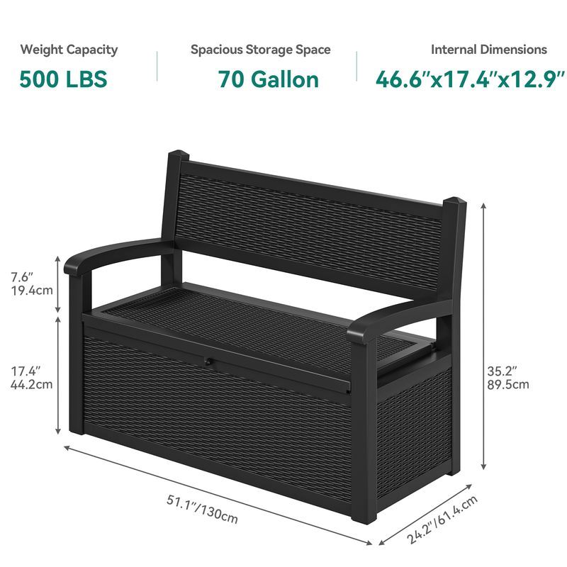 70 Gallon Outdoor Garden Bench With Storage -Deck Storage Waterproof Bench -1