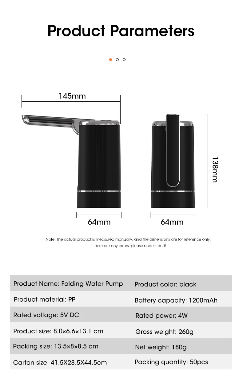 Foldable Electric Water Dispenser Bottle Pump - Black