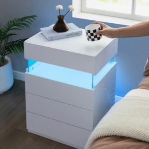 Nightstand with Charging Station and LED Lights Night Stand with Sliding Top