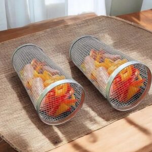 Stainless Steel Rolling Grill Basket – Round Grill Basket for BBQ Veggies, Fish & Meat ( Pack of 2 )