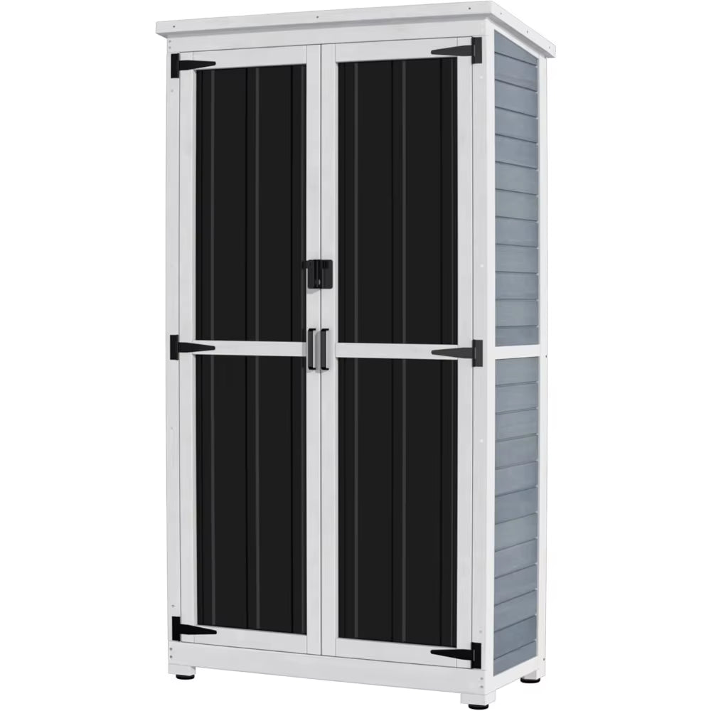 66" Organized & Durable Wood & Metal Garden Storage Cabinet with Shelves, Waterproof Roof & Lockable Doors