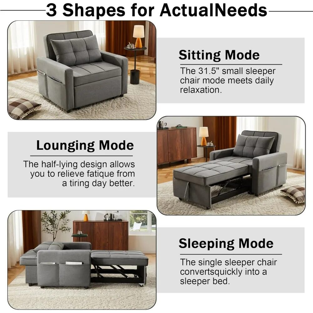 3-in-1 Convertible Single Sofa Bed Grey 3