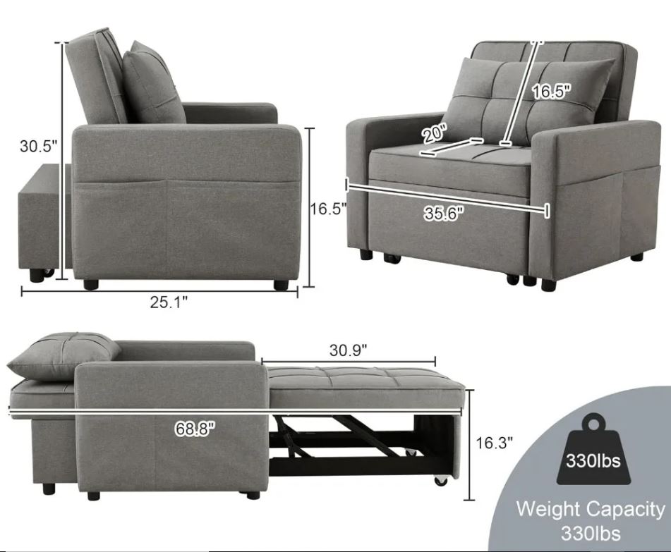 3-in-1 Convertible Single Sofa Bed Gray 1