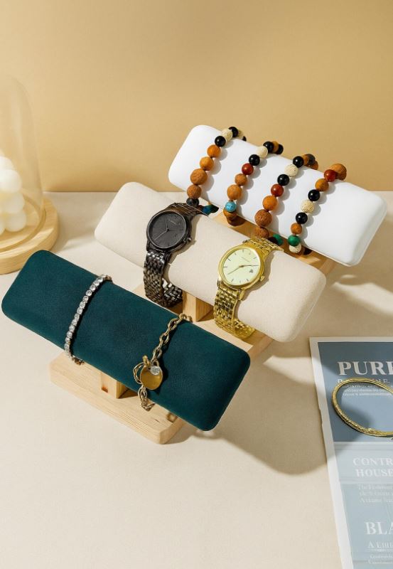 Wooden Jewelry Display Stand Velvet Bracelet & Watch Organizer