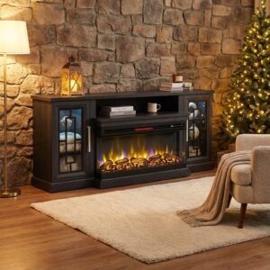 75 Inch Electric Fireplace TV Stand with Panoramic 3-Side Glass TV Console