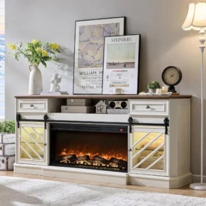 75 Inch Electric Fireplace TV Stand with LED Lights, Antique White