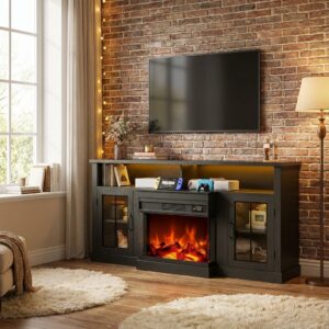 Electric Fireplace TV Stand with 2-Sided Glass Cabinets