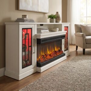 75 Inch Electric Fireplace TV Stand, 3- Side Glass TV Console Table