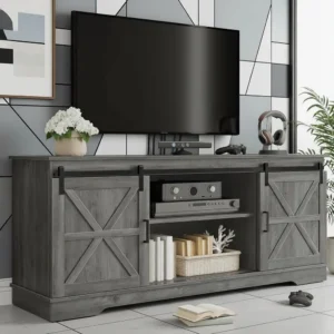 Modern Rustic TV Stand with Sliding Barn Doors for 55–65 Inch TVs
