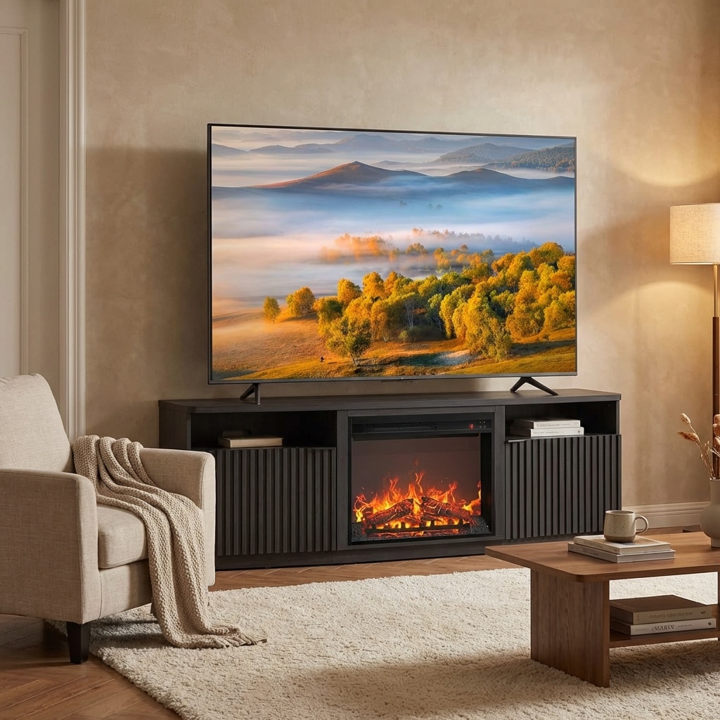 Fluted TV Stand with 23" Electric Fireplace Heater for TVs Up to 75"