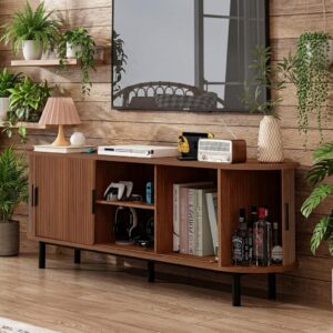 Mid-Century Modern TV Stand Curved Wood - TV Cabinet with Tambour Doors, Storage & Shelves