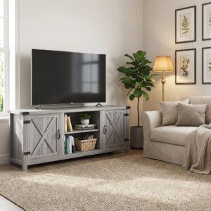 Modern Farmhouse TV Stand up to 65 Inch with Barn Doors, Adjustable Shelves & Storage Cabinets