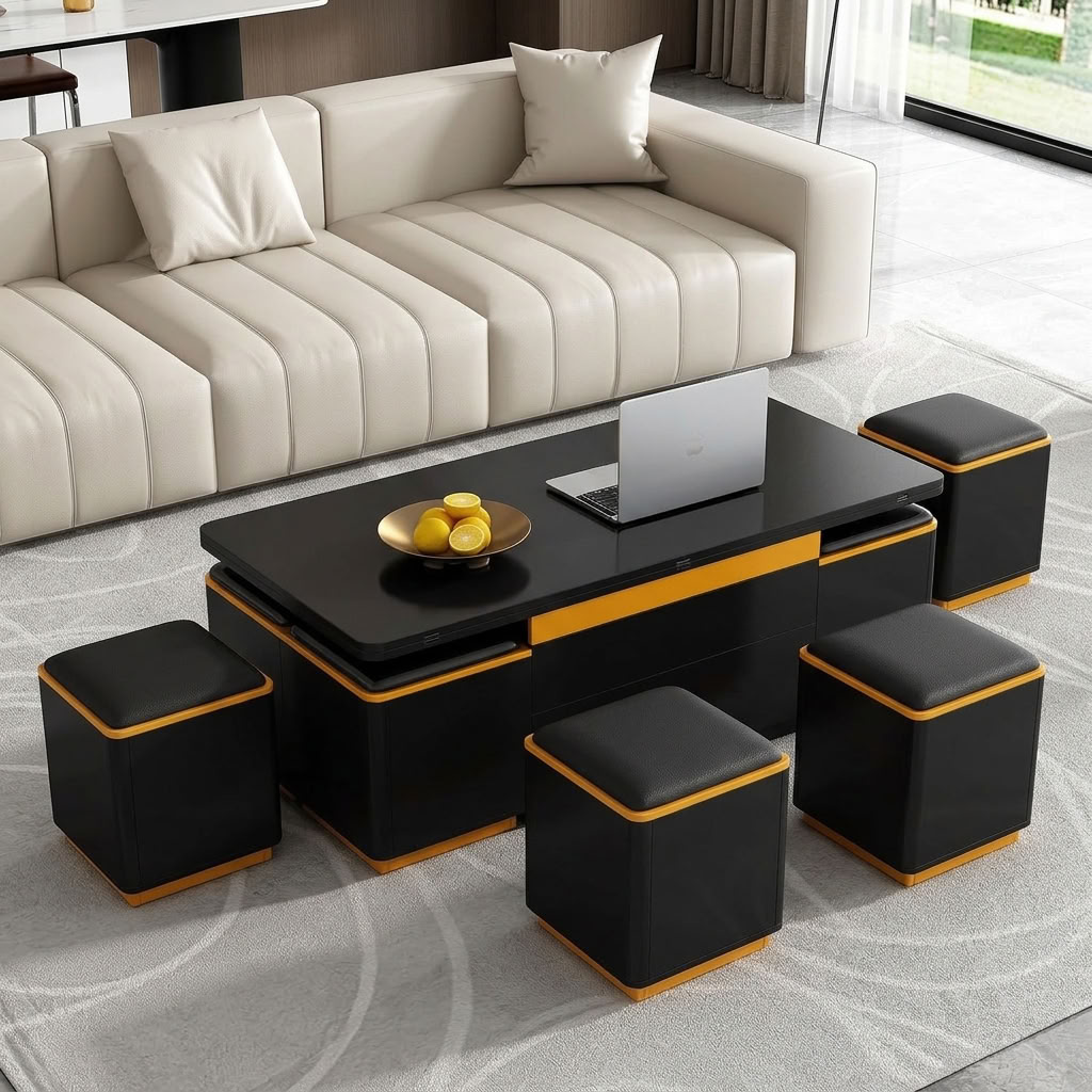 Modern multi-functional black lift-top coffee table with orange accents, featuring a laptop on top and four matching black faux-leather storage cube stools on a grey patterned rug.
