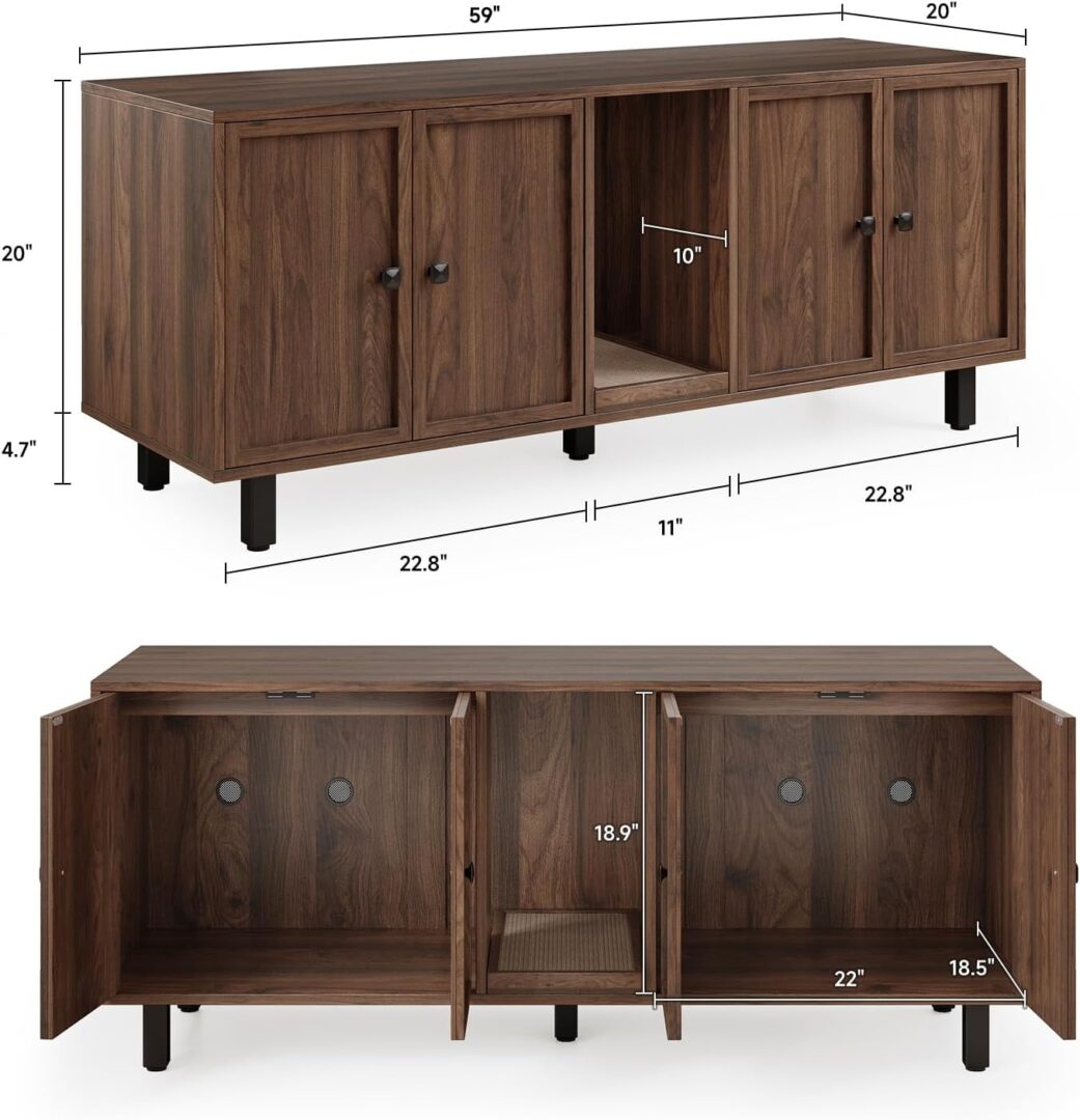 Dimensions of 59 inch walnut double litter box enclosure showing interior compartment sizes