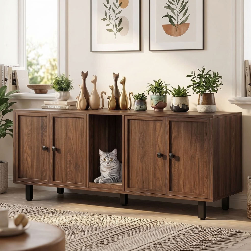 Cat sitting inside walnut hidden litter box furniture cabinet with decorative accents
