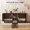 Cats entering walnut double litter box enclosure through cat-friendly entry with bed and litter box visible