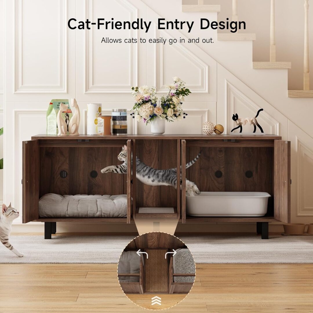 Cats entering walnut double litter box enclosure through cat-friendly entry with bed and litter box visible