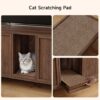 Walnut litter box enclosure with removable cat scratching pad, texture close-up and pull-out drawer