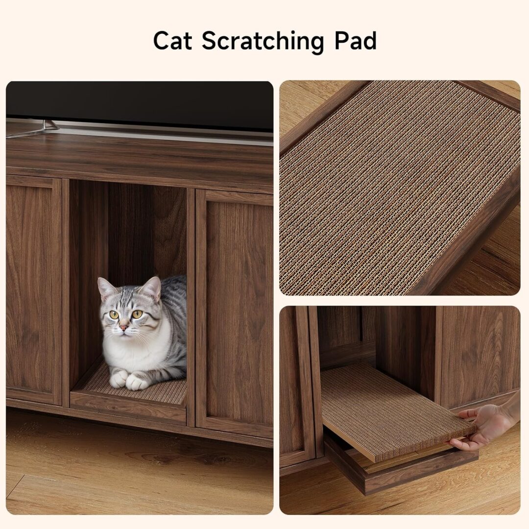 Walnut litter box enclosure with removable cat scratching pad, texture close-up and pull-out drawer