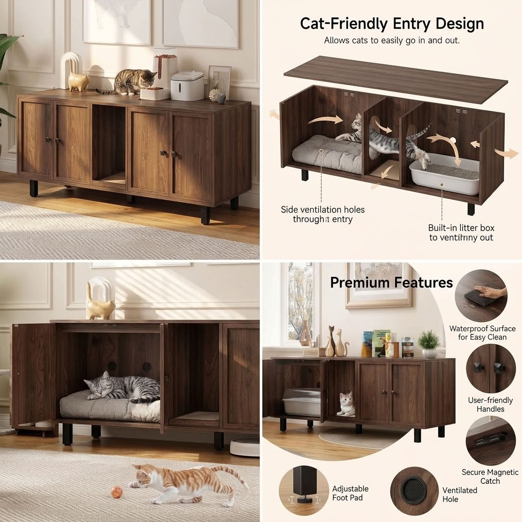 Walnut litter box cabinet features including waterproof surface, magnetic catch, ventilated holes, and adjustable feet