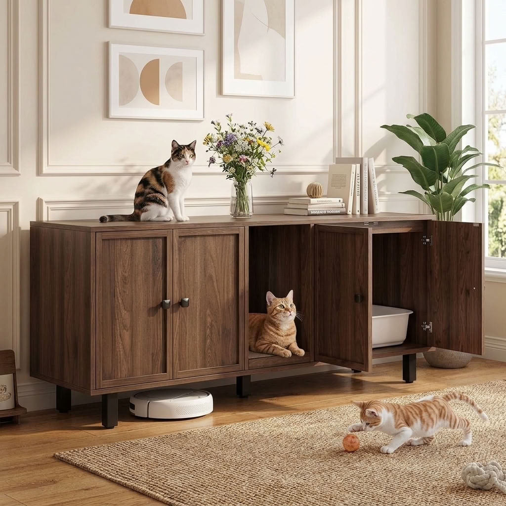 Cats around walnut double litter box enclosure furniture with robot vacuum in modern living room