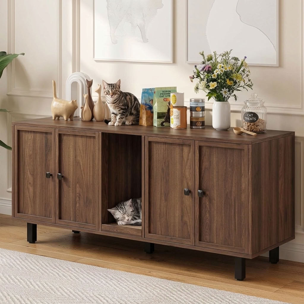 Walnut brown double litter box enclosure cabinet with cats on top and cat treats in living room