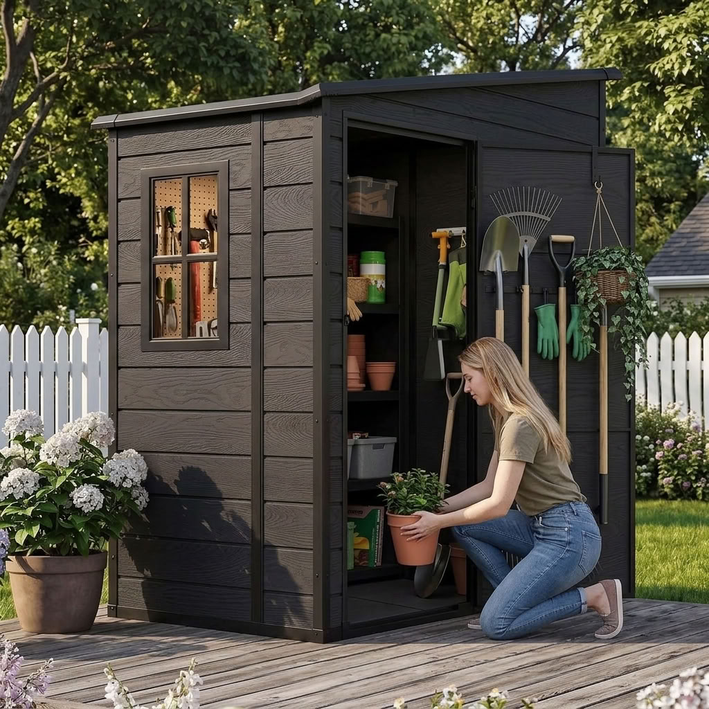 Woman organizing flower pots inside an open 5x4 dark gray resin garden storage shed on a backyard patio.