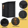 Resin outdoor shed infographic highlighting features like smooth corners, lockable door mechanism, stable base, and visual window.