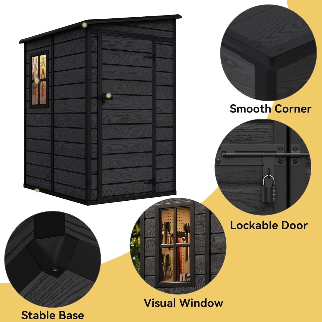 Resin outdoor shed infographic highlighting features like smooth corners, lockable door mechanism, stable base, and visual window.