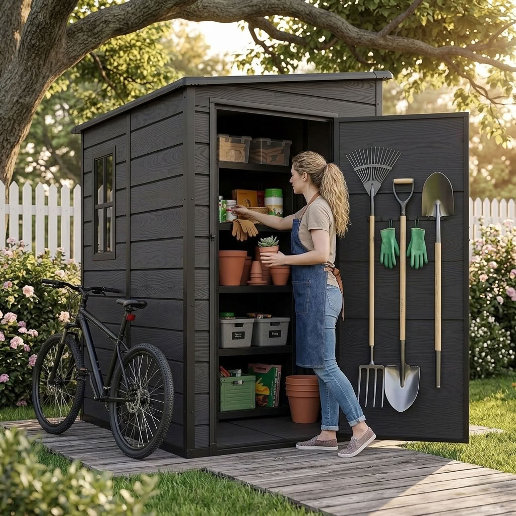 Woman arranging garden gear in a resin vertical tool shed with yard tools hanging on the door and a bicycle parked nearby.