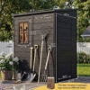 5x4 resin outdoor storage shed size chart showing internal and external height, width, and depth dimensions in inches and centimeters.