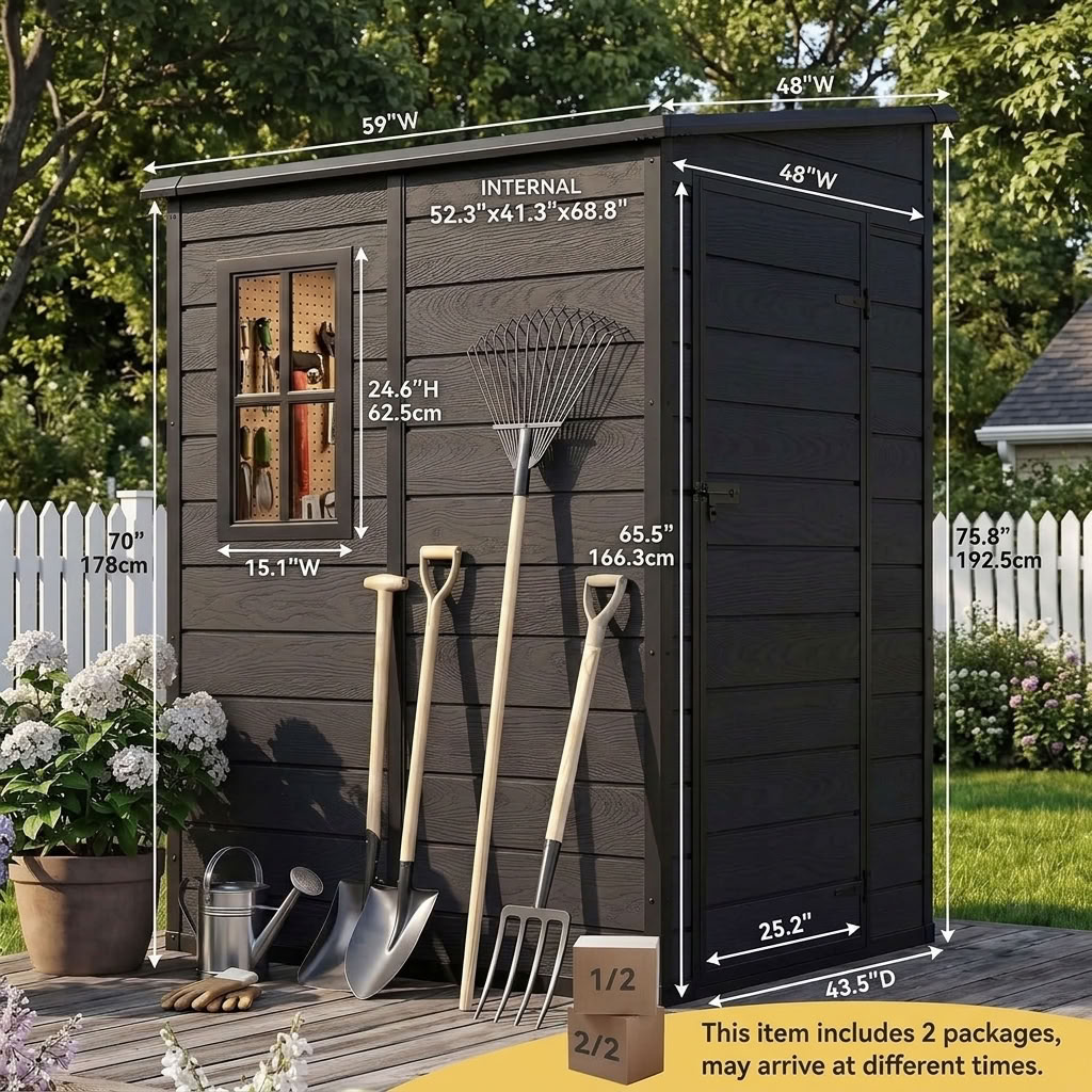 5x4 resin outdoor storage shed size chart showing internal and external height, width, and depth dimensions in inches and centimeters.