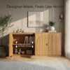 Open fluted buffet cabinet showing adjustable interior shelves stacked with books and decor
