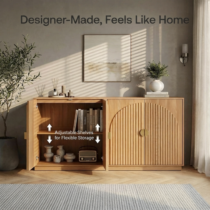 Open fluted buffet cabinet showing adjustable interior shelves stacked with books and decor