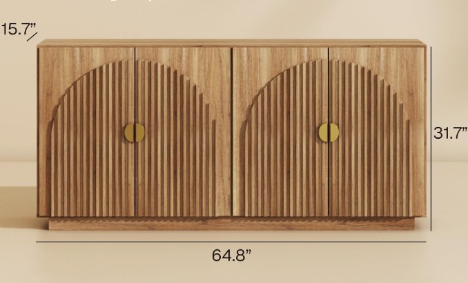 Fluted buffet cabinet product shot with dimensions labeled 64.8 inches wide by 31.7 inches tall by 15.7 inches deep