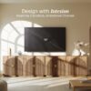 Long fluted TV console with arched doors and gold pulls under a mounted 75-inch television