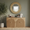 65 Inch Fluted Buffet Cabinet, Fluted wood buffet cabinet with arched doors and round mirror in a sage green entryway