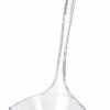 Transparent plastic fat skimmer ladle with long handle and shallow bowl for removing fat from soups, broths, stews, and gravies