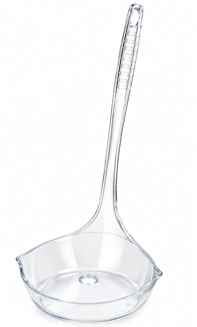 Transparent plastic fat skimmer ladle with long handle and shallow bowl for removing fat from soups, broths, stews, and gravies