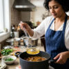 Woman using clear Fatsoff soup scoop to skim fat from beef stew in a pot