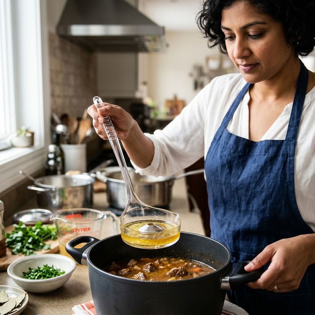 Woman using clear Fatsoff soup scoop to skim fat from beef stew in a pot