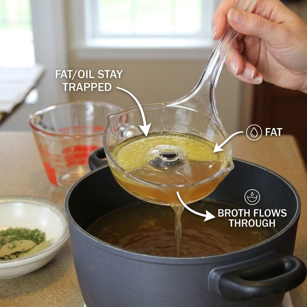 Woman using clear Fatsoff soup scoop to skim fat from beef stew in a pot