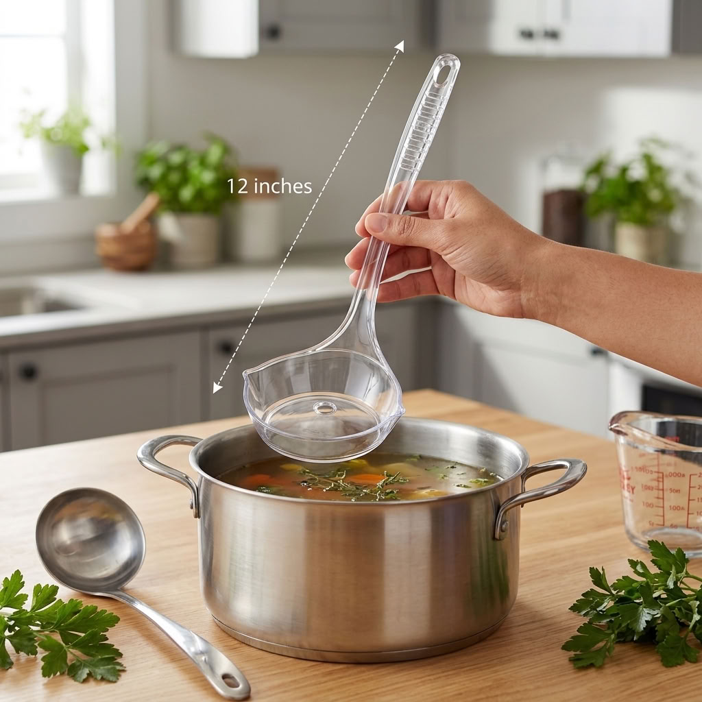 Hand holding 12-inch fat skimmer ladle over a pot of vegetable soup