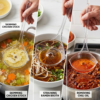 Three-panel image showing skimmer used on chicken stock, ramen broth, and chili
