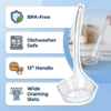Infographic listing BPA-free, dishwasher safe, 13-inch handle, and wide draining slots