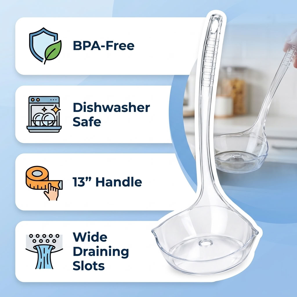 Infographic listing BPA-free, dishwasher safe, 13-inch handle, and wide draining slots