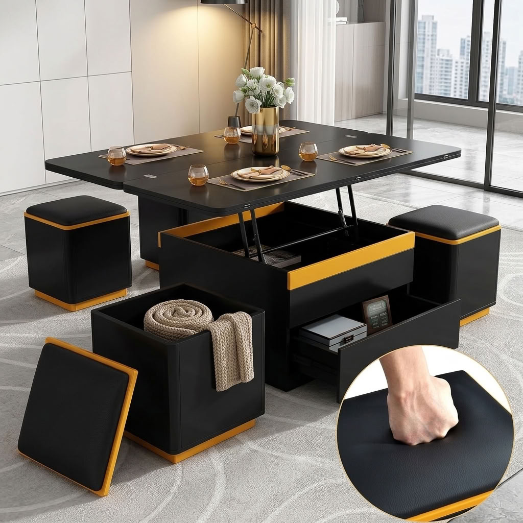 A black lift-top coffee table with orange trim, fully extended into a square dining setup. The image shows the open internal storage cavity, an open base drawer, and a matching black storage stool with its lid removed to reveal stored blankets, alongside a circular inlay demonstrating the cushion's high-density foam resilience.