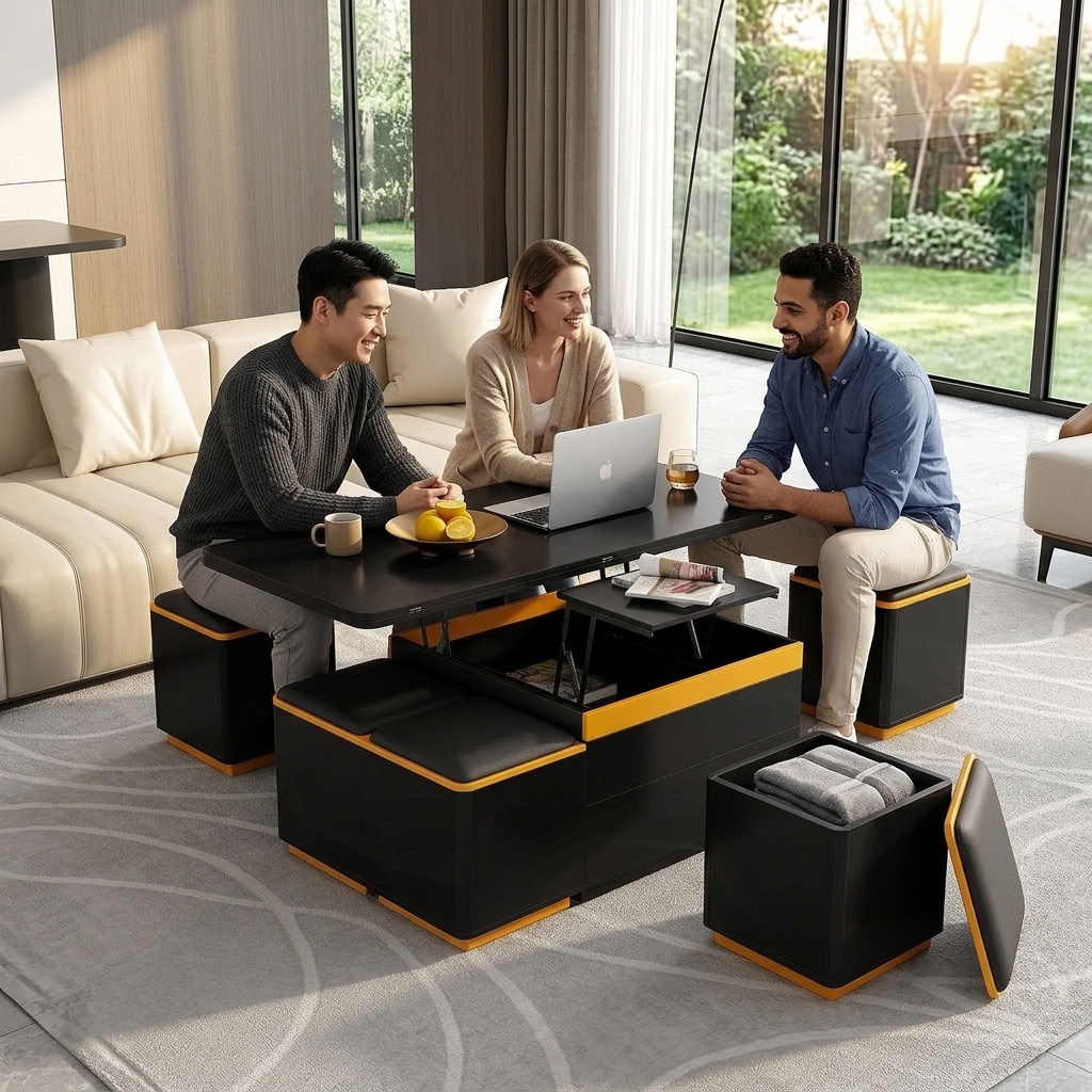 Three people sitting around a raised black lift-top coffee table in a modern living room, using a laptop, talking, and enjoying drinks. The table features a secondary pop-up desk tier and nested black stools with orange accents.